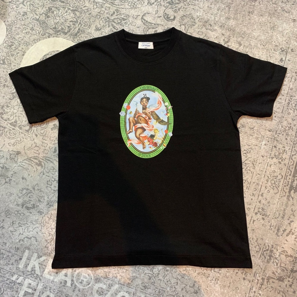 Off-White T-Shirt Mens Medium Black Cherub Angel Graphic Tee OMAA120S25JER002